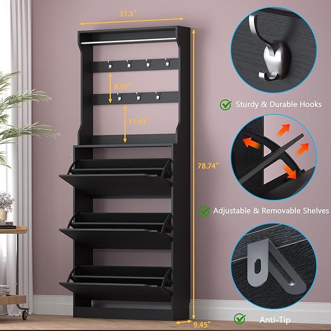 Shoe Cabinet with 3 Flip Drawers & Coat Rack, Narrow Hidden Shoe Storage Cabinet - Image 2