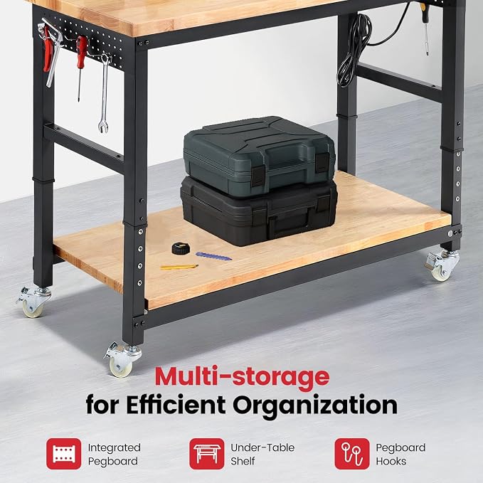 Workbench for Garage with Wheels 60 x 22 Inch Heavy Duty Rubberwood Tabletop - Image 4