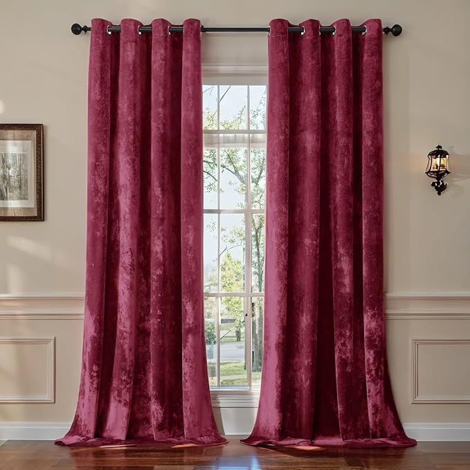 SMILETIME Burgundy Red Crushed Velvet Curtains 52x84 inch Luxurious Thermal by SMILETIME