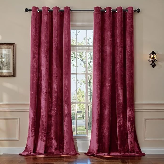 SMILETIME Burgundy Red Crushed Velvet Curtains 52x96 inch Luxurious Thermal by SMILETIME
