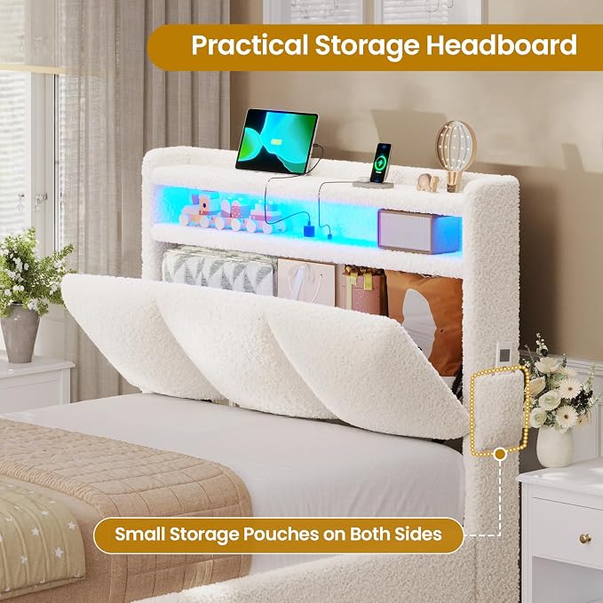 VIAGDO Twin Bed Frames with Storage Headboard and Charging Station, Boucle - Image 3