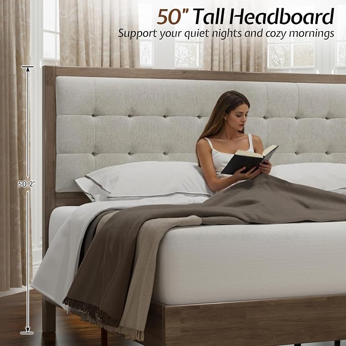 Jocisland Wood Full Size Bed Frame, Tall Upholstered Tufted Headboard, Solid - Image 3