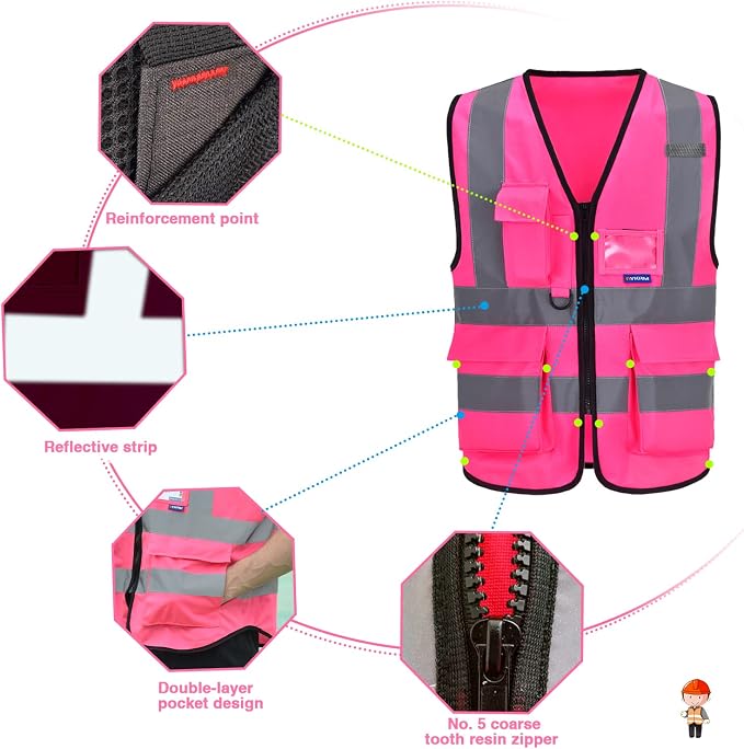 A-SAFETY Pink Safety Vest with Pockets Hi Viz Zipper Front Working Safety Vest - Image 5