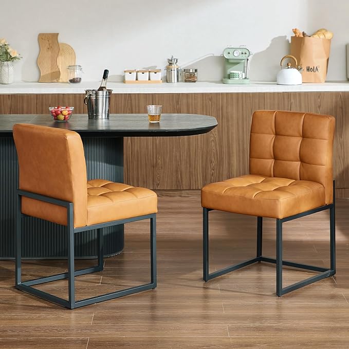 Brown Faux Leather Dining Chairs Set of 2, Mid-Century Modern Dining Room Chairs - Image 4