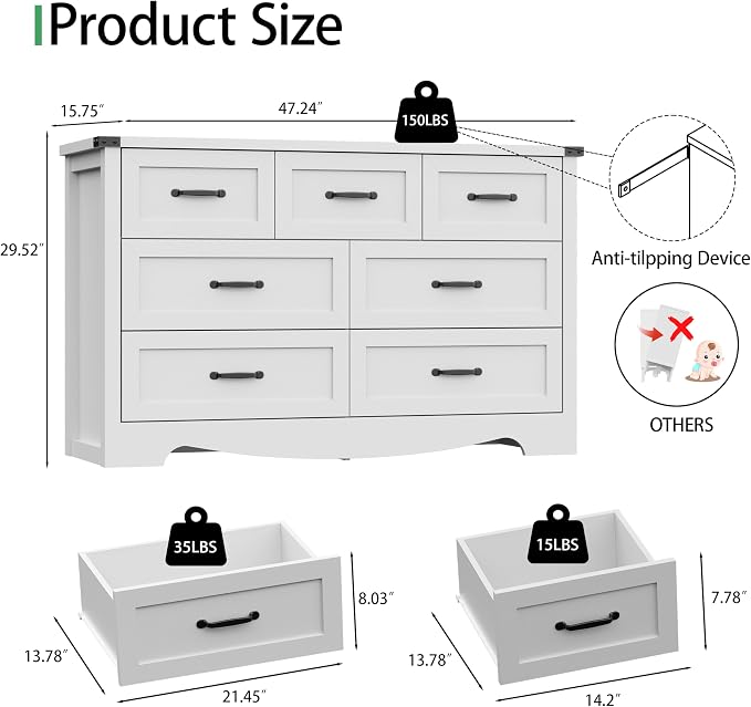 Dresser for Bedroom with 7 Drawers, Wood Dresser TV Stand, Wooden Closet - Image 2