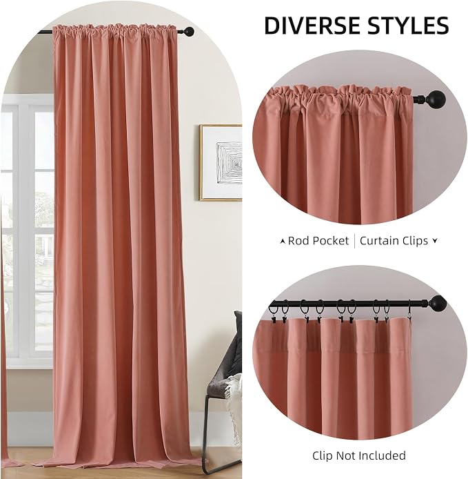 Joydeco Pink Velvet Curtains 90 inch Length 2 Panels, Luxury Blackout Rod - Image 2