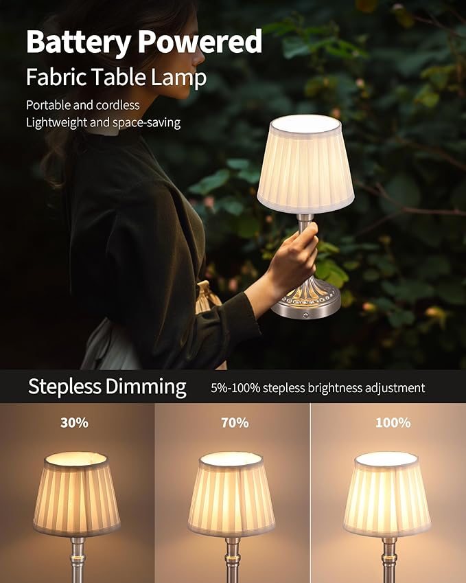 KDG Cordless Portables Table Lamp Set of 2, LED Fabric Shade Small Desk Lamps - Image 4