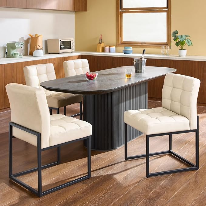 Beige Faux Leather Dining Chairs Set of 4, Mid-Century Modern Dining Room Chairs by GrandNoor