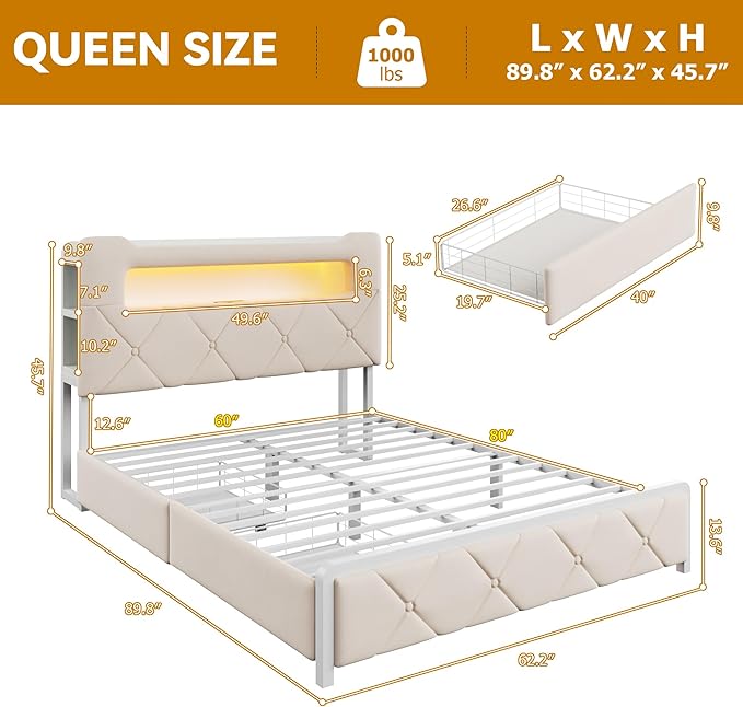 Queen Upholstered LED Bed Frame - Image 2