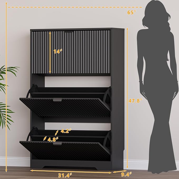 Entryway Shoe Cabinet with 3 Flip Drawers, Narrow Shoe Organizer Cabinet with - Image 2
