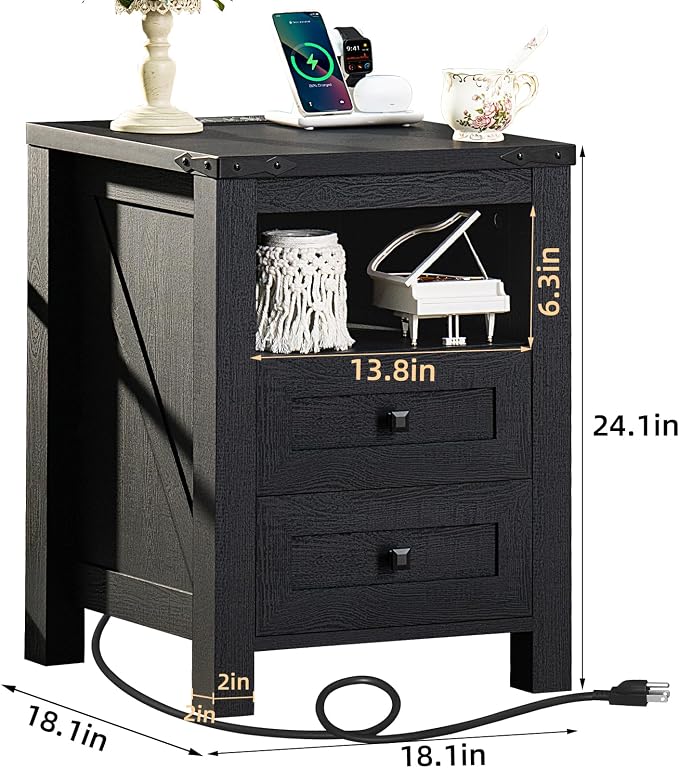Joaxswe Night Stands with Charging Station Set of 2, Farmhouse Nightstand - Image 3