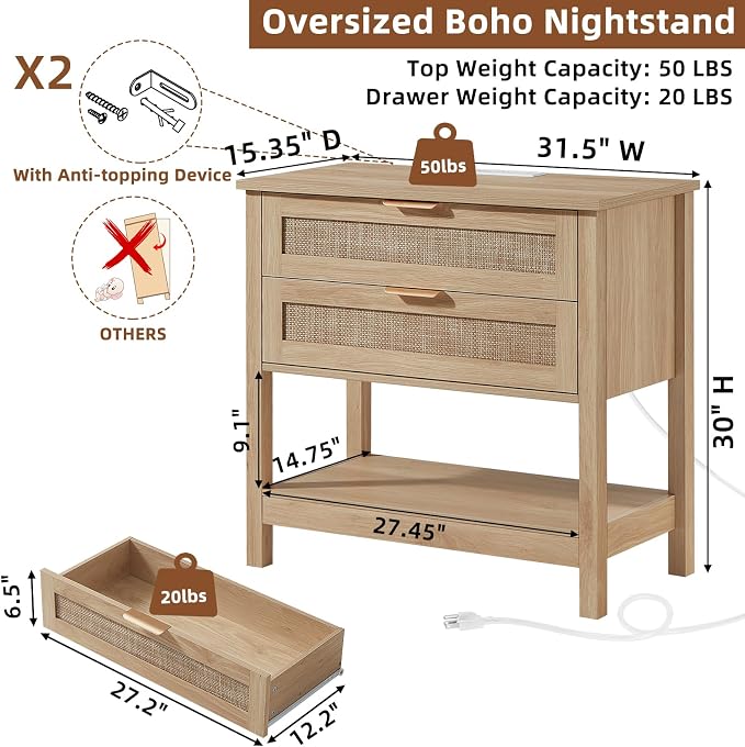 LEYAOYAO 31.5" Wide Rattan Night Stand Set 2 - Image 2