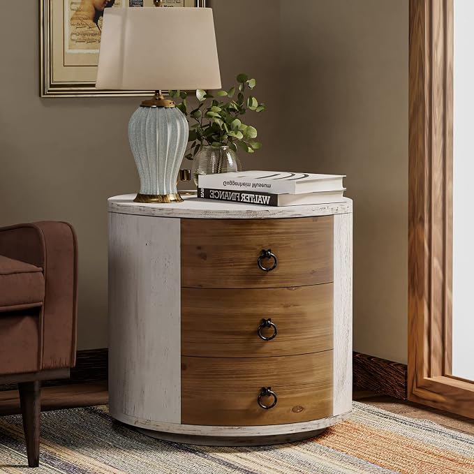 COSIEST Bedside Table Set of 2, Wood Nightstand 3 Drawers, Farmhouse Round End - Image 7