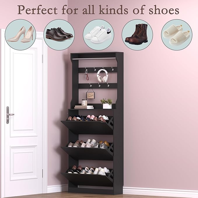 Shoe Cabinet with 3 Flip Drawers & Coat Rack, Narrow Hidden Shoe Storage Cabinet - Image 4