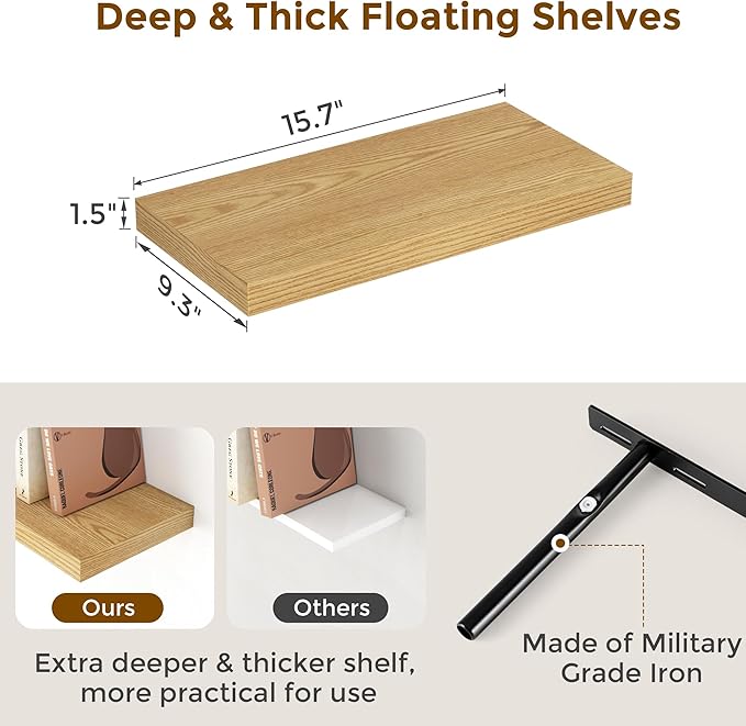 Floating Shelves 16 Inch Long, Wall-Mounted Bathroom Shelves Set of 2, 9.3 Inch - Image 3