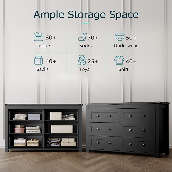 Dresser for Bedroom with 6 Drawers, Farmhouse Wood Chest of Drawers, Wide TV - Image 4