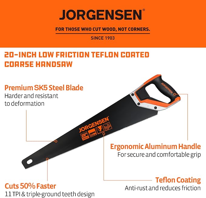 JORGENSEN 20 Inch Black Coated Pro Hand Saw, 11 TPI Fine-Cut Ergonomic Non-Slip - Image 6