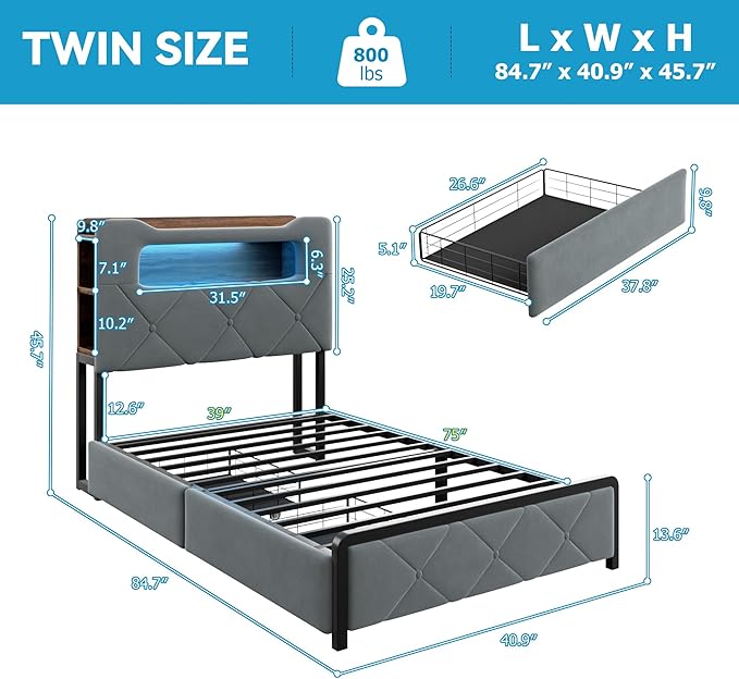 Twin Upholstered LED Bed Frame - Image 2