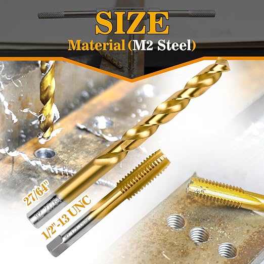 1/2"-13 UNC Tap and 27/64" Drill Bit Kit, M2 HSS Drill and Tap Set, Combination - Image 2