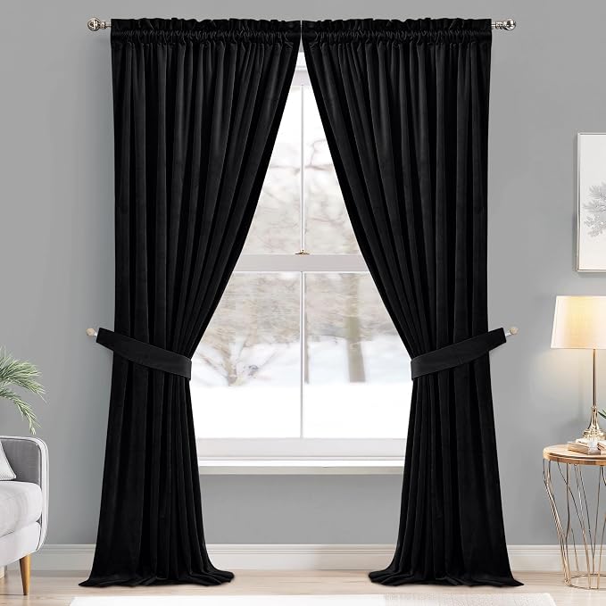 StangH Black Blackout Curtains 105 inches Premium Velvet Thermal Insulated - Image 2
