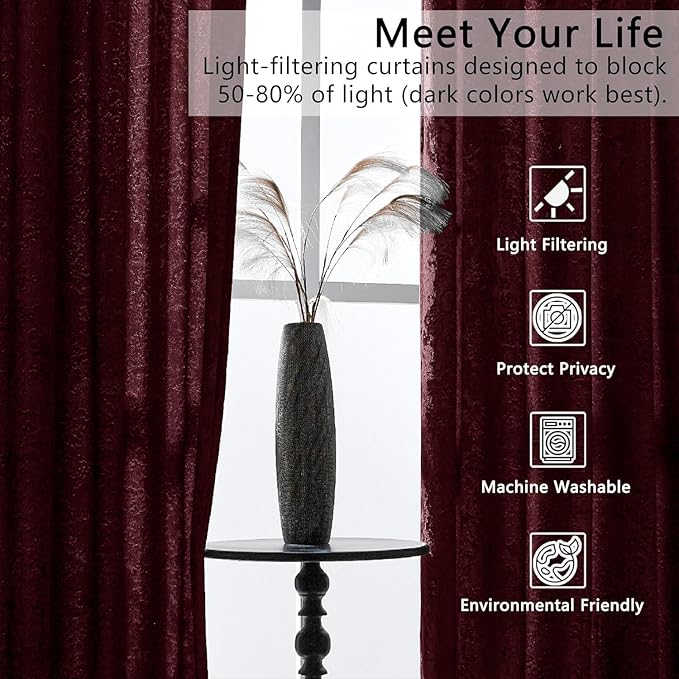 SMILETIME Burgundy Red Crushed Velvet Curtains 52x84 inch Luxurious Thermal - Image 4