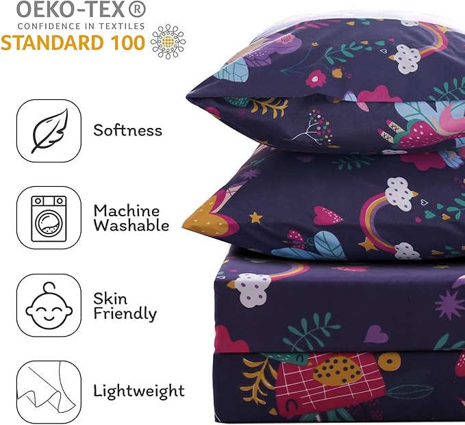 JSD Purple Fairy Kids Sheet Set Full Size, 4 Piece Girls Floral Printed - Image 4