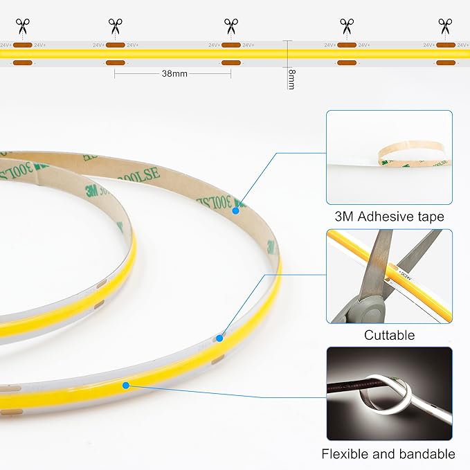 White COB LED Strip Lights 32.8ft, 6500K Dimmable Ultra Bright Daylight White - Image 5