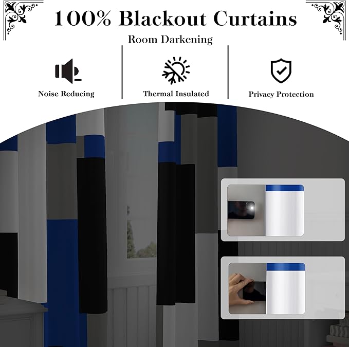 Blue Gray 100% Blackout Curtains 45 inch Length 2 Panels Set White Grey Modern - Image 3