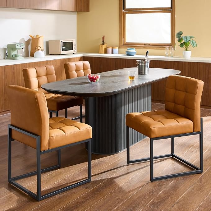 Brown Faux Leather Dining Chairs Set of 2, Mid-Century Modern Dining Room Chairs - Image 6