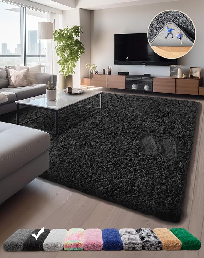 Ophanie 5x8 Rugs for Living Room, Charcoal Black, Large Fluffy Fuzzy Plush Shag by Ophanie