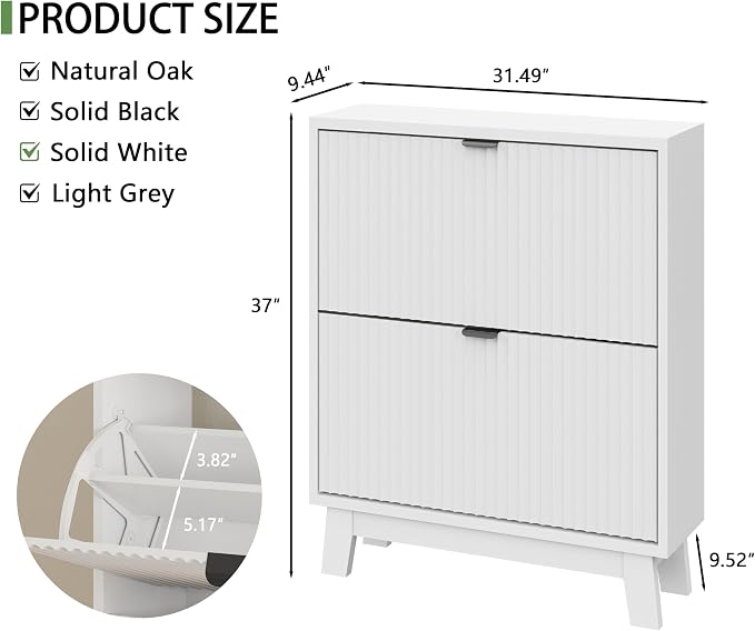 Shoe Cabinet with 2 Flip Drawers, Hidden Slim Wooden Shoe Rack Cabinet - Image 2