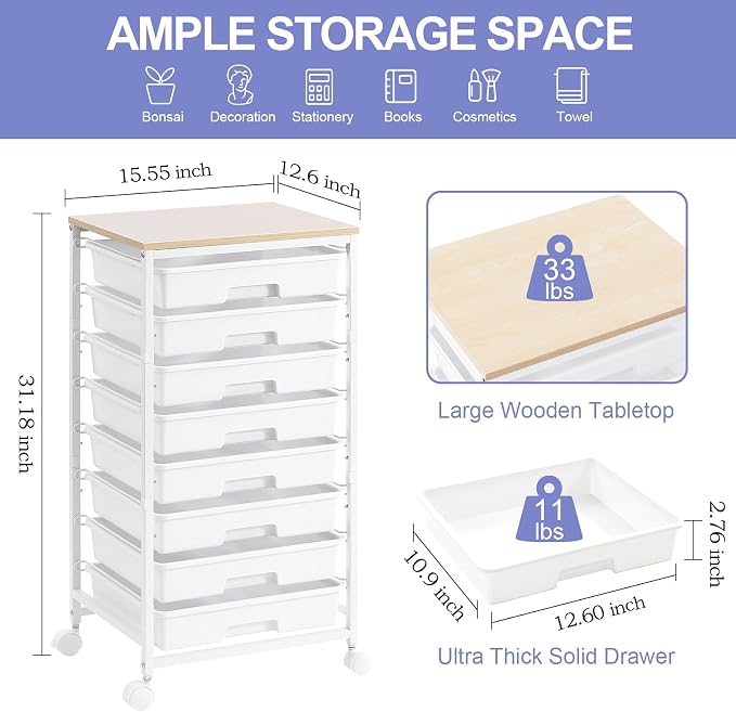 Rolling Storage Cart with Drawers, Utility Cart With 8 Drawers and Wooden - Image 5