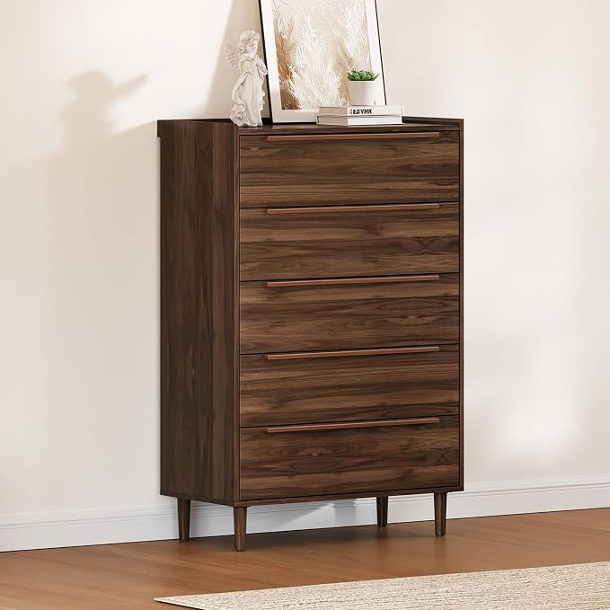 48" Tall Walnut Dresser for Bedroom, Mid-Century Modern 5 Drawer Chest of - Image 7