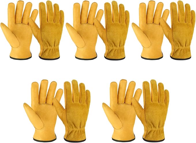 OZERO 5 Pairs Leather Work Gloves Flex Grip Tough Cowhide Gardening Glove by OZERO%C2%AE