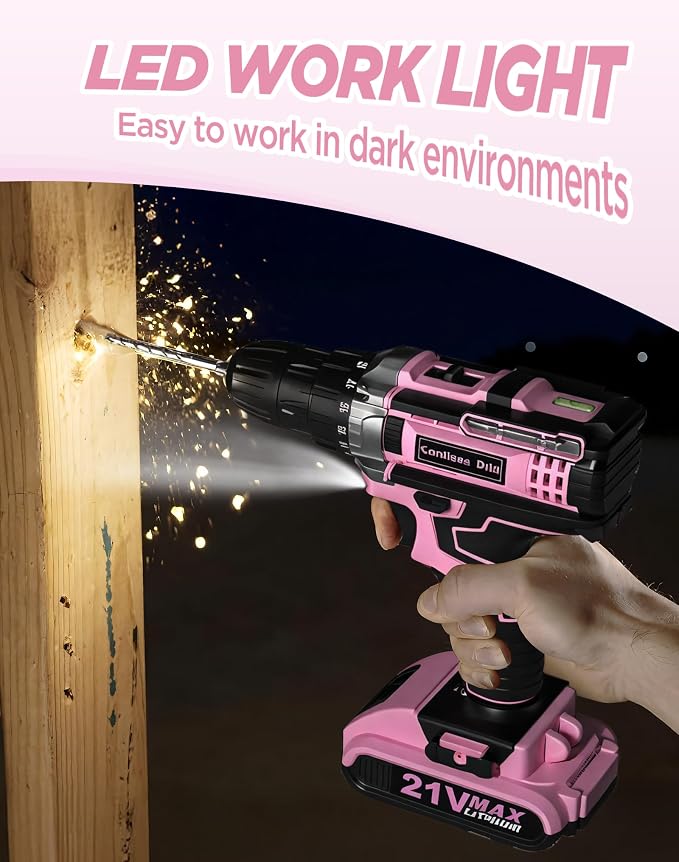 Pink Cordless Drill Set, 21V Electric Power Drill - Image 4