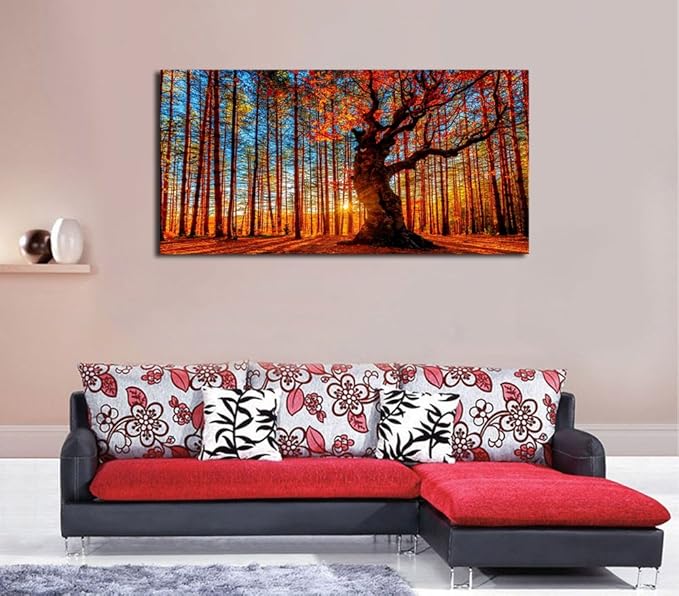 Yearainn Large Canvas Wall Art Forest Sunset Canvas Pictures Red Leaf Trees - Image 2