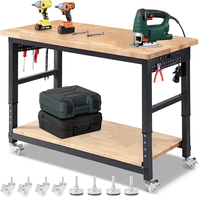 Workbench for Garage with Wheels 60 x 22 Inch Heavy Duty Rubberwood Tabletop by ENJOYWOOD