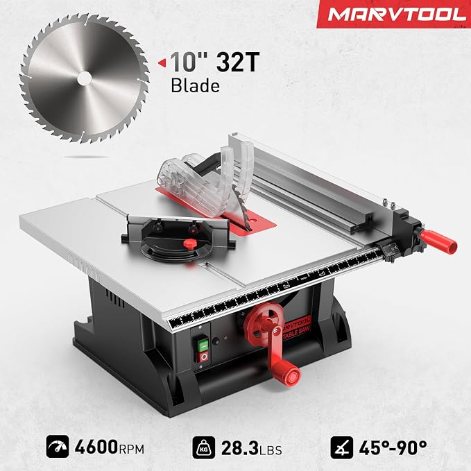 4600RPM Portable Table Saw 10 inch, 15Amp Tablesaw, 90°Cross Cut & 0-45°Cutting - Image 2