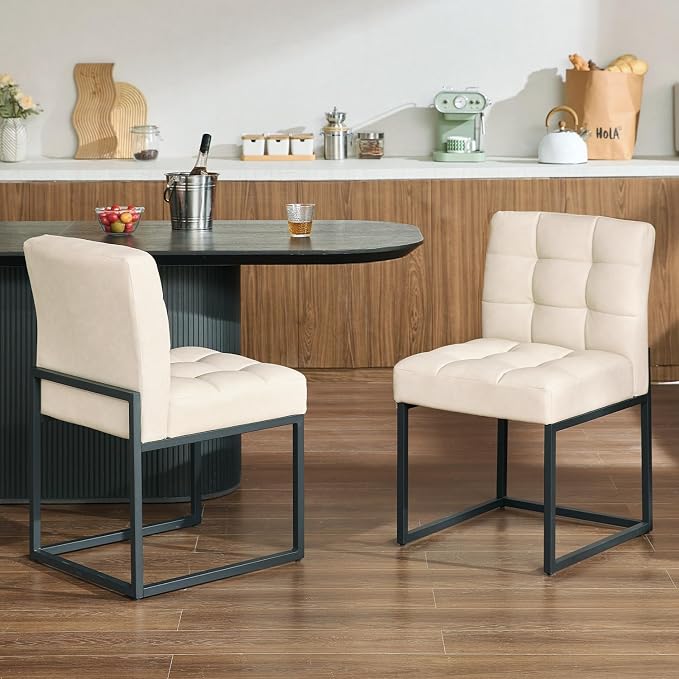Beige Faux Leather Dining Chairs Set of 2, Mid-Century Modern Dining Room Chairs - Image 4