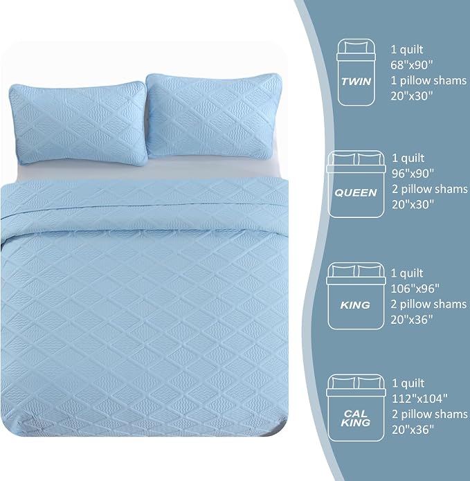 Yiran Ash Blue Quilt Set King Size, 3 Piece Reversible Bedspreads Bedding Set - Image 8