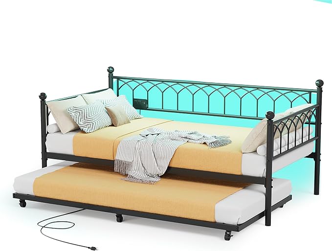GarveeHome Daybed with Trundle, Metal Twin Trundle Bed with Charging Station & - Image 8