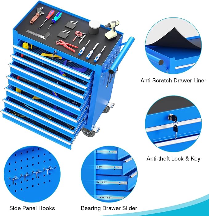 7 Drawers Metal Rolling Tool Chest, Portable Storage Tool Box - Image 4