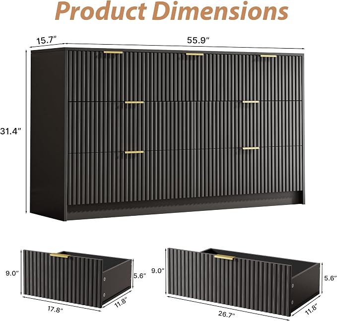 Black 7 Drawer Dresser for Bedroom, 55.9" Wide Modern Fluted Dresser - Image 2