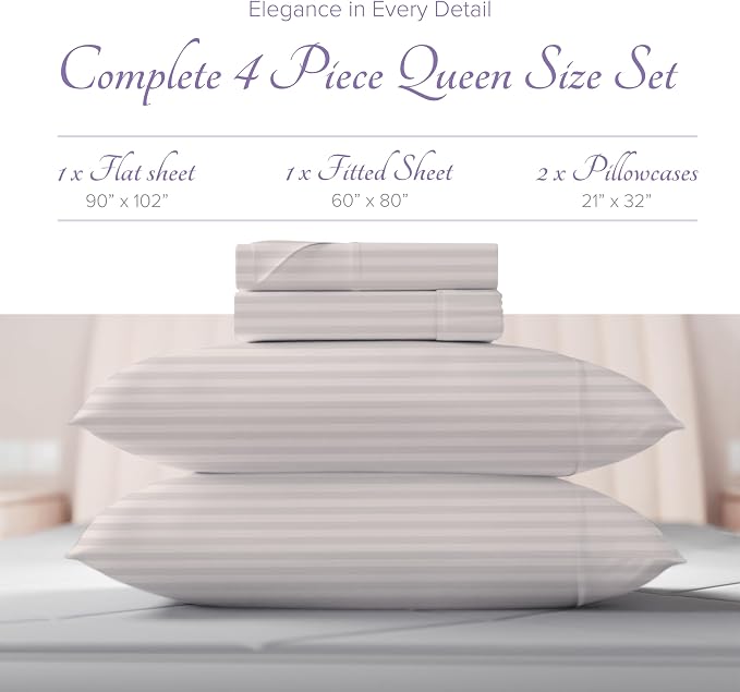 Carressa Linen Luxury Egyptian Cotton Queen Stripe Sheet Set, 600 Thread Count - Image 3