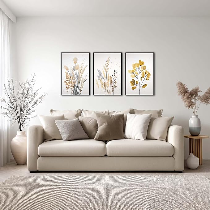 YCJKJDZ Framed Beige Botanical Canvas Wall Art Set of 3, Boho Watercolor - Image 2