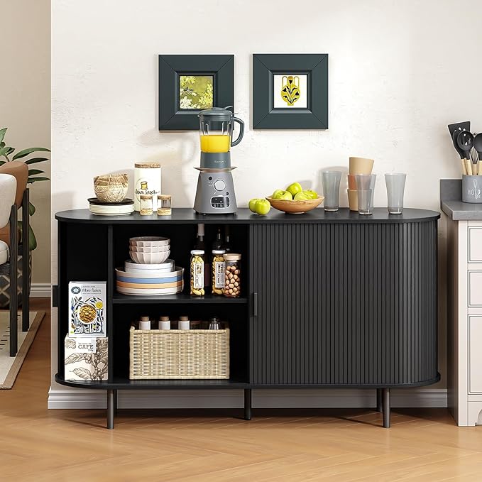 Buffet Cabinet with Storage, Fluted Sideboard Buffet with Sliding Door - Image 4