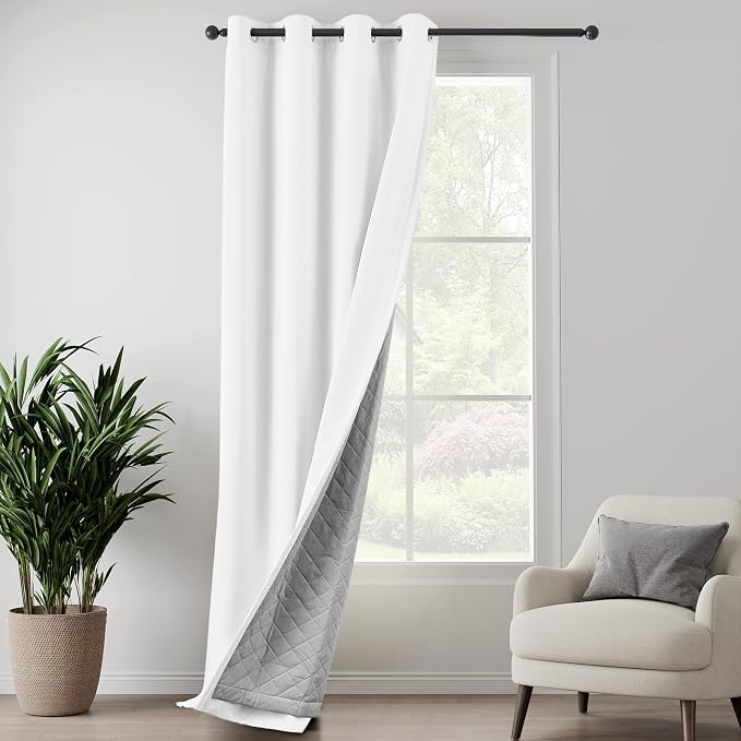 White 100% Blackout Curtains 3-in-1 Heavy Soundproof Curtains Thermal Insulated by LCOOMZEN