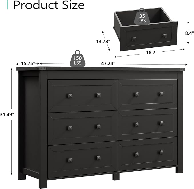 Dresser for Bedroom with 6 Drawers, Farmhouse Wood Chest of Drawers, Wide TV - Image 3