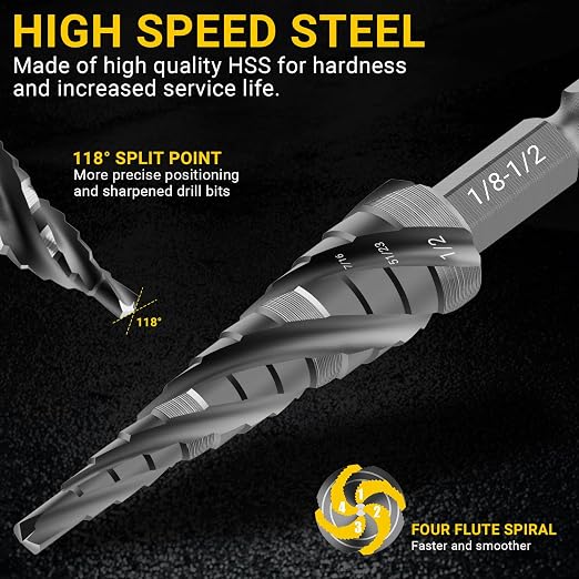 Four Spiral Flute Step Drill Bit, HSS Step Drill Bits Unibit Step Drill Bit - Image 6