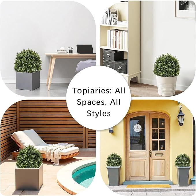 27“ Realistic Artificial Boxwood Topiary Trees Set of 2, Faux Plants Outdoor - Image 3
